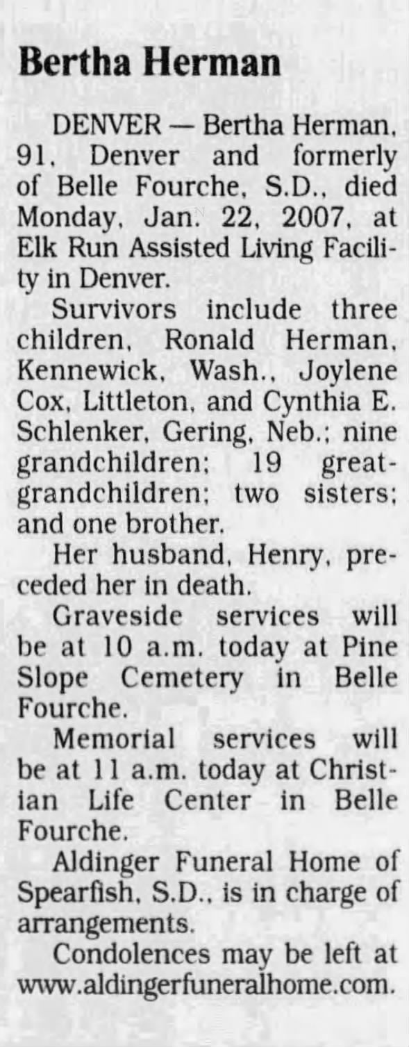 Obituary for Bertha Herman (Aged 91)